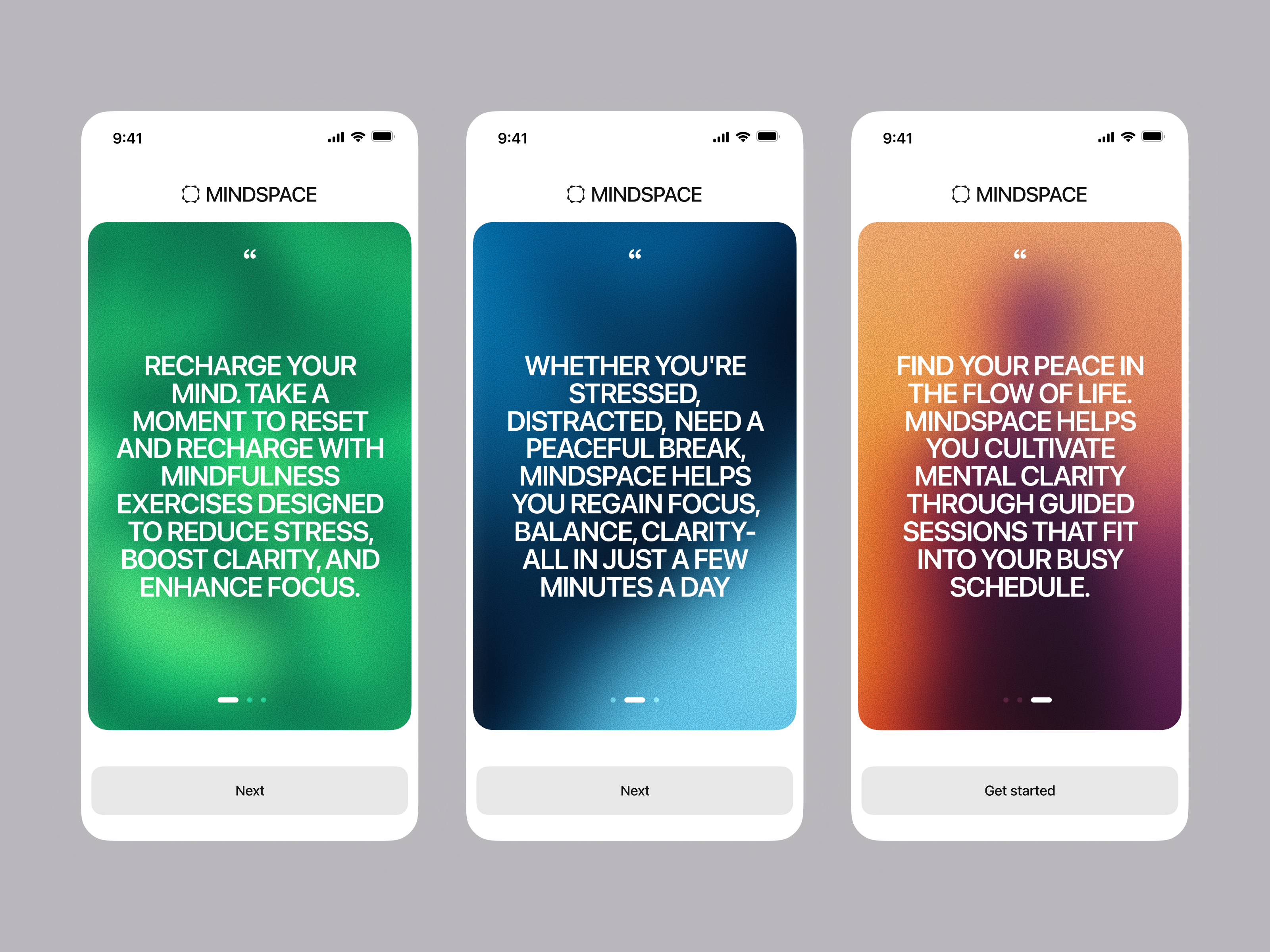 Mindfulness & Wellness App • Onboarding UI Design app app design calming gradient design healthcare ios app medical meditation mental mental health mind mindfulness app minimal mobile ui onboarding ui wellbeing wellness app ui wellness onboarding wingly