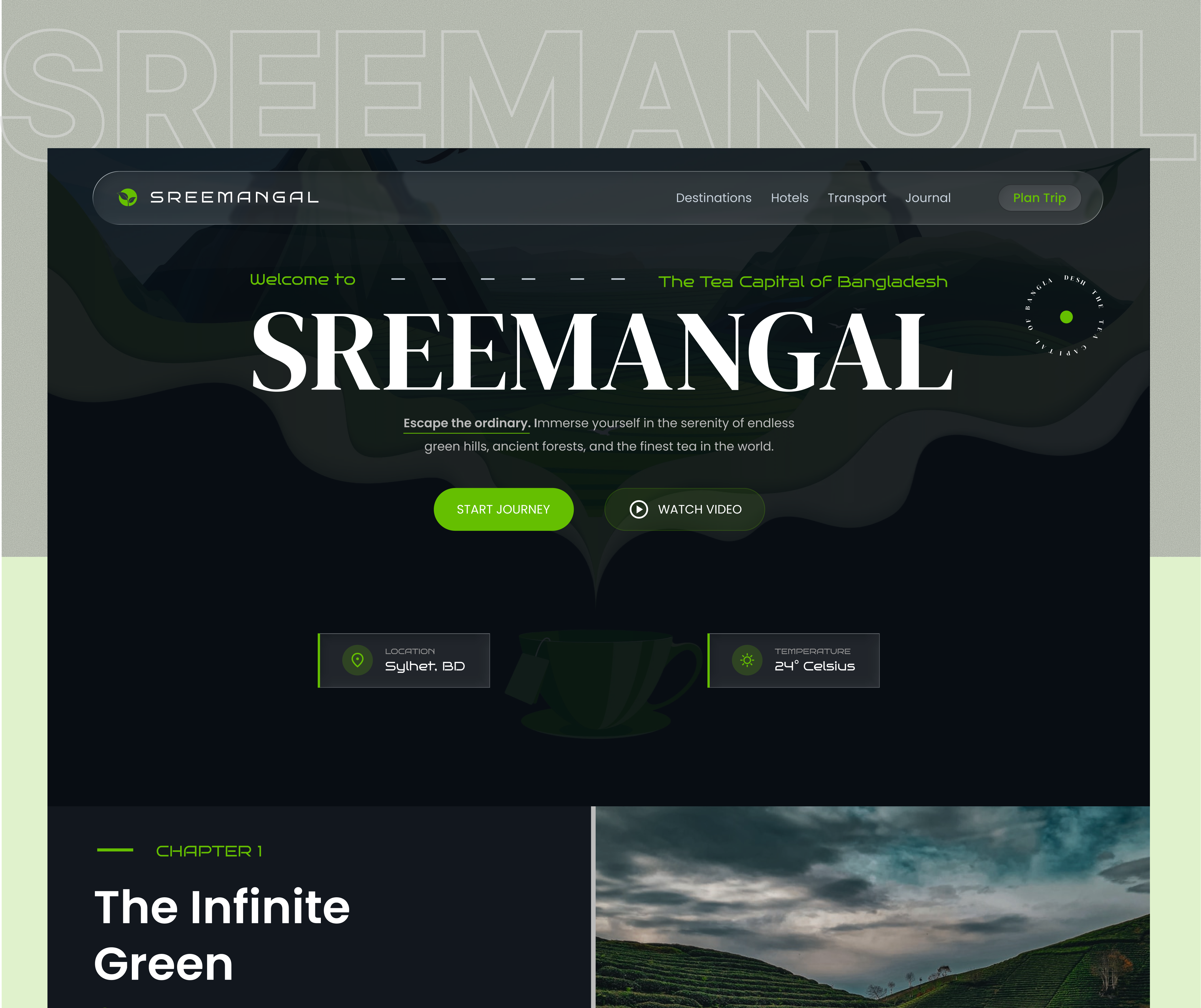 Sreemangal: The Dark Green Escape (Web UI/UX) aesthetic creative concept darkmode darkui design designinspiration logo minimalist tourism travelwebsite ui user interface ux web design