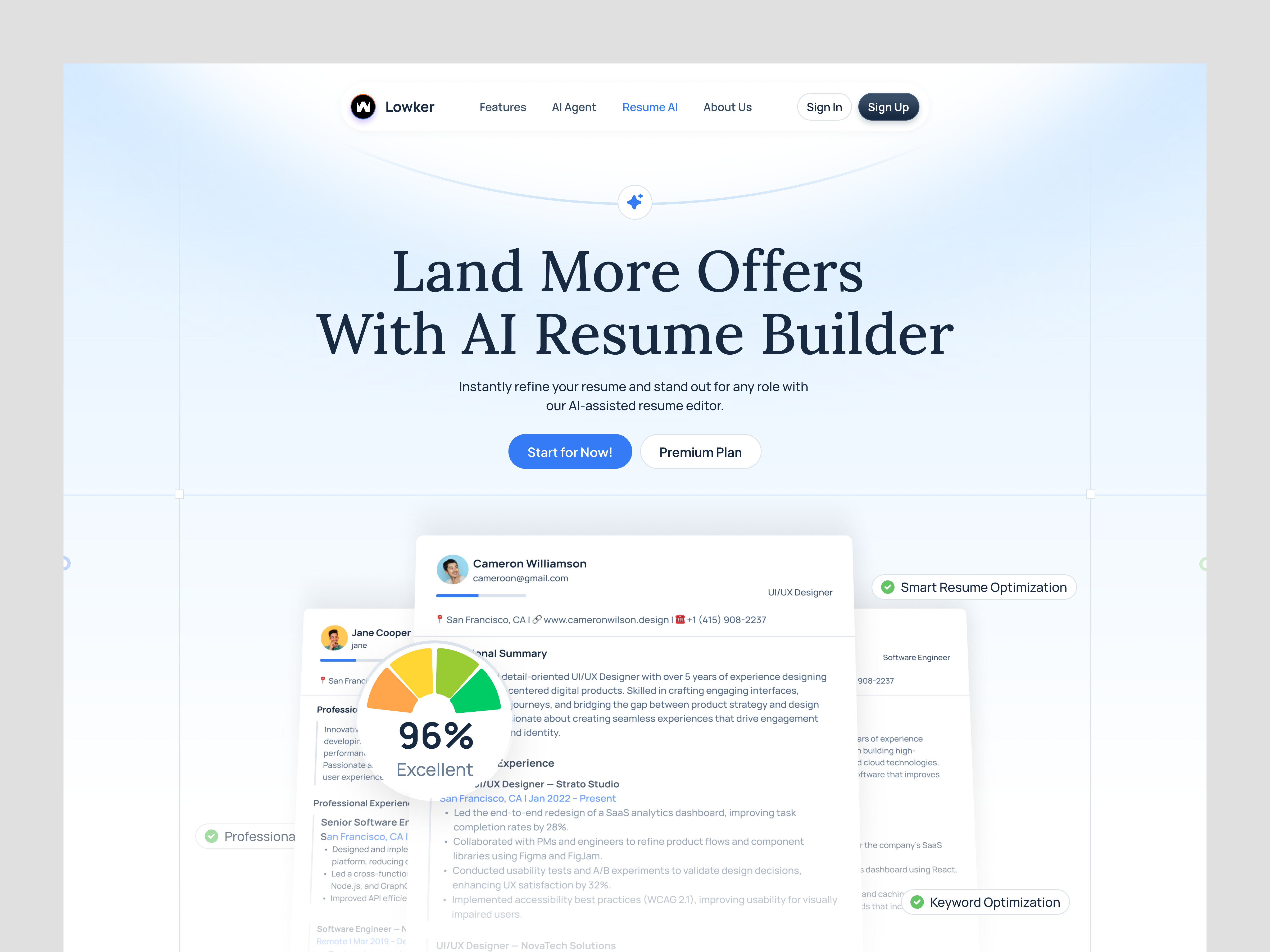 AI Resume Builder Landing Page ai ai assistant ai job ai resume builder ai resume builder web career design employee generate job landing page minimal modern resume builder resume builder web ui ui design ux design website work