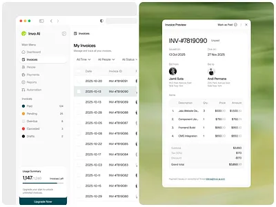 Invo AI - Invoice Tracker Dashboard [Invoice] analytics automation b2b bill billing clean dashboard file finance invoice list management payment product design ui ux