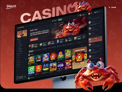 RustyCrab – Casino design betting branding casino corporate crab design esports gambling game igaming illustration logo rust rusty trading ui ux website yellow