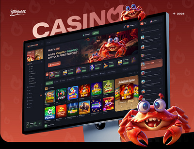 RustyCrab – Casino design betting branding casino corporate crab design esports gambling game igaming illustration logo rust rusty trading ui ux website yellow