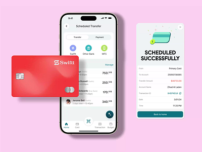 Mobile Banking Transfer Flow Animation app design banking ui clean design finance app fintech design fintech ui minimal ui mobile app mobile banking modern ui payment flow transaction ui transfer flow ui design user experience
