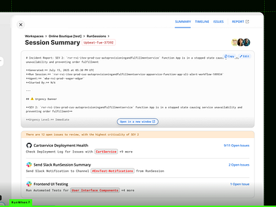 Investigation Report / Session Summary ai ai reasoning app design devops investigation noise observation outage reports runwhen session summary sre summary ui ux