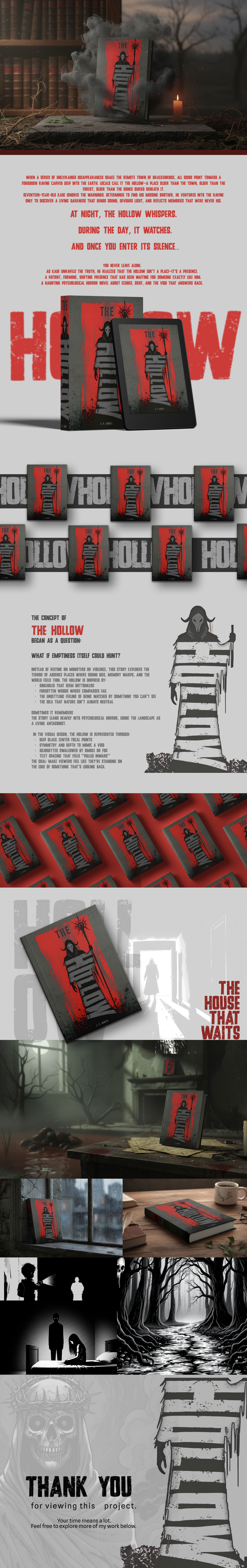 THE HOLLOW — Dark Horror Book Cover | Black & White Concept atmospheric design below please find the app icon black and white art branding dark horror design design dribbbledesign forest horror graphic design hollow book cover horror illustration illustration moderndesign printdesign spooky artwork thriller book cover