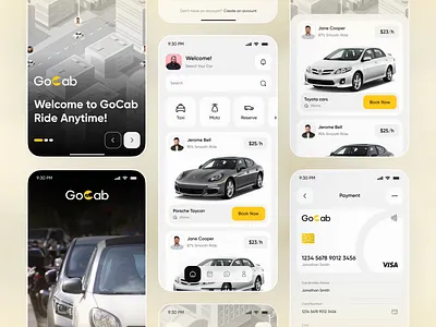 GoCab – Modern Ride-Hailing & Car Booking App UI Design app app design booking app cab app car booking car rental app car service design ios map ui mobile mobile app payment ui ride app ride hailing taxi app transportation app ui