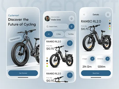 Cyclemart E-Bike Rental App app design bicycle rental bike rental app booking clean design cycling app e bike app e commerce interaction design mobile app product design rent rental service shopping sports app transportation app uiux design user experience user interface