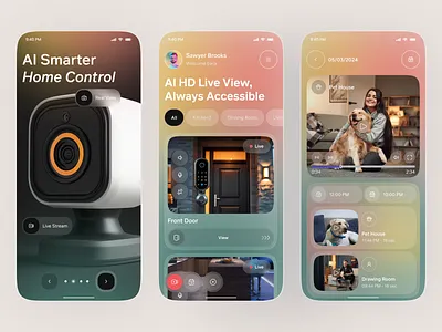 AI Smart Home Control App UI ai app app design camera app home automation home monitoring home security ios live stream app mobile mobile app security camera ui smart camera app smart home smarthome control surveillance app ui ui video monitoring