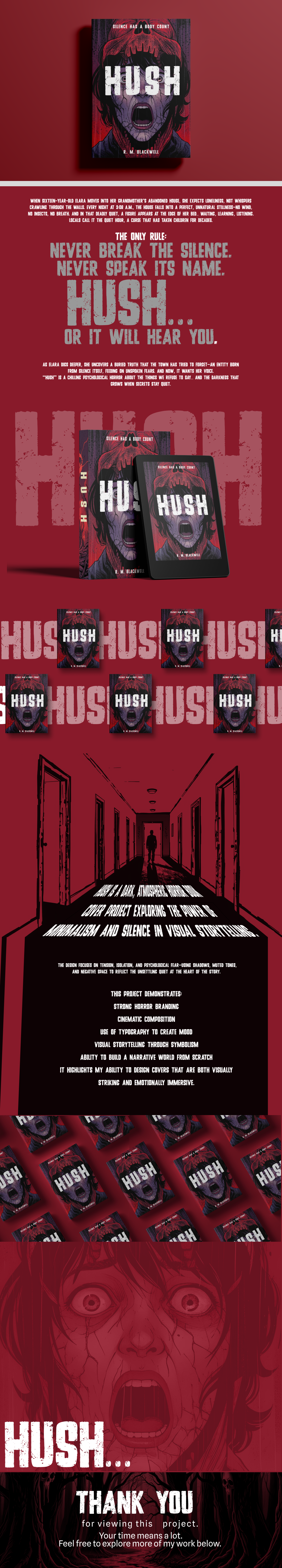 HUSH — Horror Book Cover Design | Minimal Dark Illustration black and white illustration book cover book cover design branding creepy art dark book cover design facebook ad graphic design horror book cover horror design illustration logo marketing minimal design psychological horror suspense design thriller cover typography vector