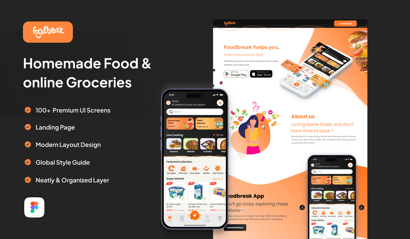 Food Delivery App & Landing Page app appdesign branding design figma graphic design illustration ui website