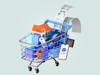 One-stop-shop for bills 3d icon 3d illustration bill branding car cart cinema 4d design fancy fintech game house identity payment paypass redshift render shop travel