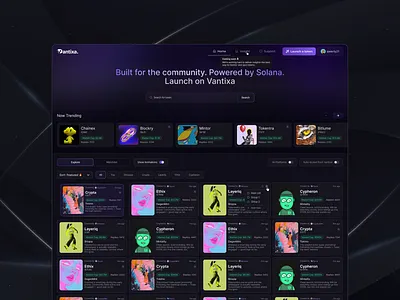 Vantixa | Discover trending tokens ⚡️ animation b2b b2c branding clean ui crypto dark mode dashboard designer graphic design home page logo platform saas solana token ui web3