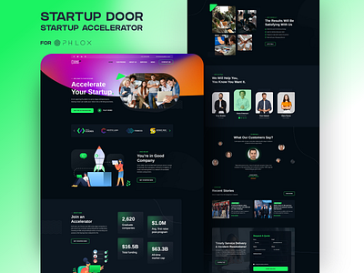 Startup Door accelerator agency corporate corporation dark design flat green illustration office startup ui ux web website