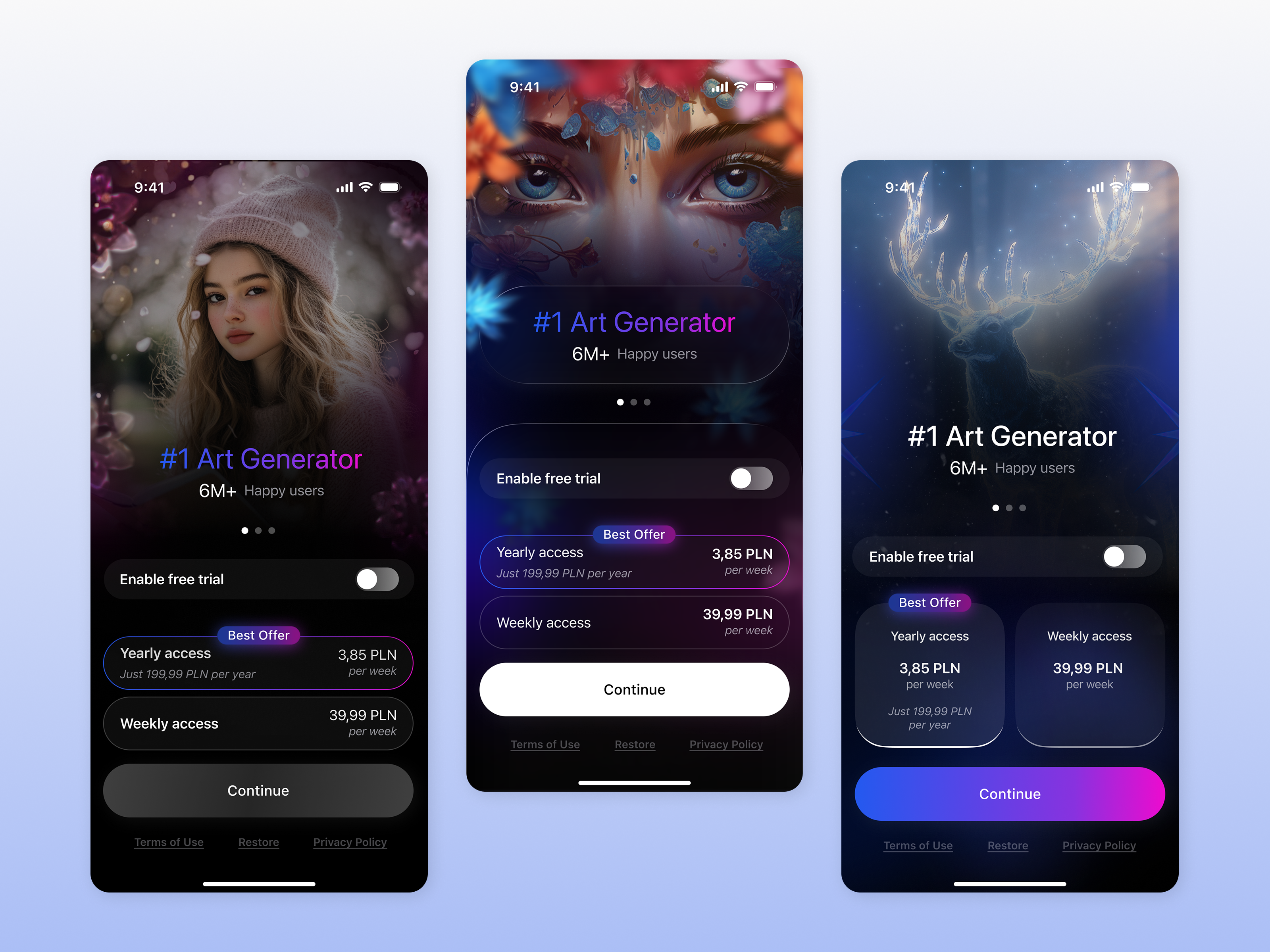 AI Photo Generator (ARTA) — Paywall UX/UI Concepts for iOS aiphoto artapp iosdesign mobileapp paywall productdesign subscription ui uiux
