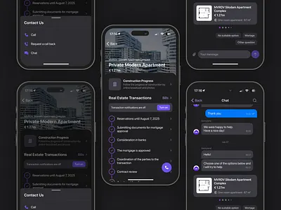 PropTech App ✦ Seamless Communication for Real Estate app design bottom sheet chat dark mode input ios messages minimal design progress tracker proptech real estate tech