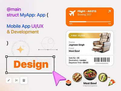 Mobile App Design UI/UX app development best designer branding editing screen exploring first class flight experince flight info flight ui food menu food options graphic design icons logo mobile ui ux plane seat premium seat ui ui ux ultimate design
