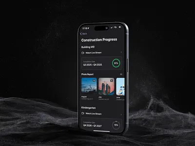 PropTech App ✦ Constraction Progress Tracker app design card construction dark mode ios minimal design progress tracker proptech real estate tech
