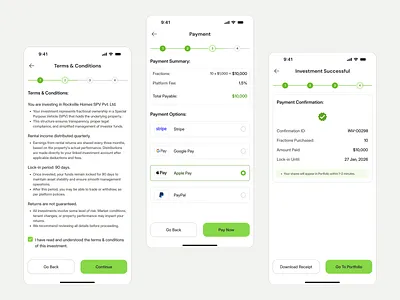 Fractional Real Estate – Seamless Investment & Payment Flow app app design branding clean ui design fractional real estate illustration investment process designed mobile app mobile app design real estate real estate apps. terms conditions screen uidesign uiux