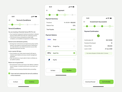 Fractional Real Estate – Seamless Investment & Payment Flow app app design branding clean ui design fractional real estate illustration investment process designed mobile app mobile app design real estate real estate apps. terms conditions screen uidesign uiux