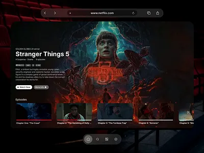 Netflix Apple Vision Design apple vision pro augmented reality cinema cinema dashboard dashboard design glassmorph interface media player mixed reality movie app movie app design movie web design movie website stranger things streaming streaming app ui streaming dashboard video player virtual reality vision pro