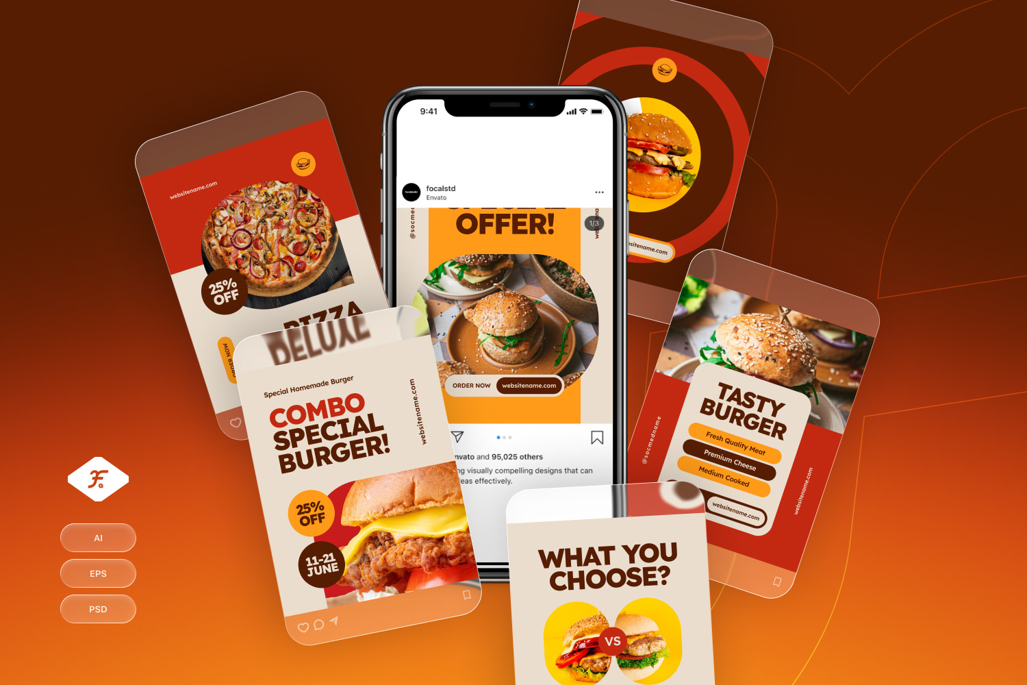 Fast Food - Instagram Post bold burger cafe combo delicious diner fastfood fries juicy meal modern offer promo red restaurant sale snack tasty vibrant yellow
