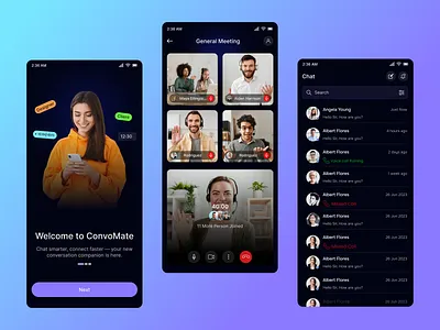 ConvoMate – Modern Messaging & Video Meeting App UI app exploration chat app design chat list design clean ui communication app convo app dark mode app dribbble shot group meeting ui interface design messaging ui mobile app concept mobile ui modern app design onboarding screen product design ui concept ui inspiration ux design video call ui