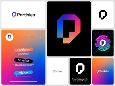 Partisles — Unified Branding for Open-Source AI Tools 3d logo ai branding futuristic geometric gradient identity logo minimal modular neon open source platform startup tech visual identity
