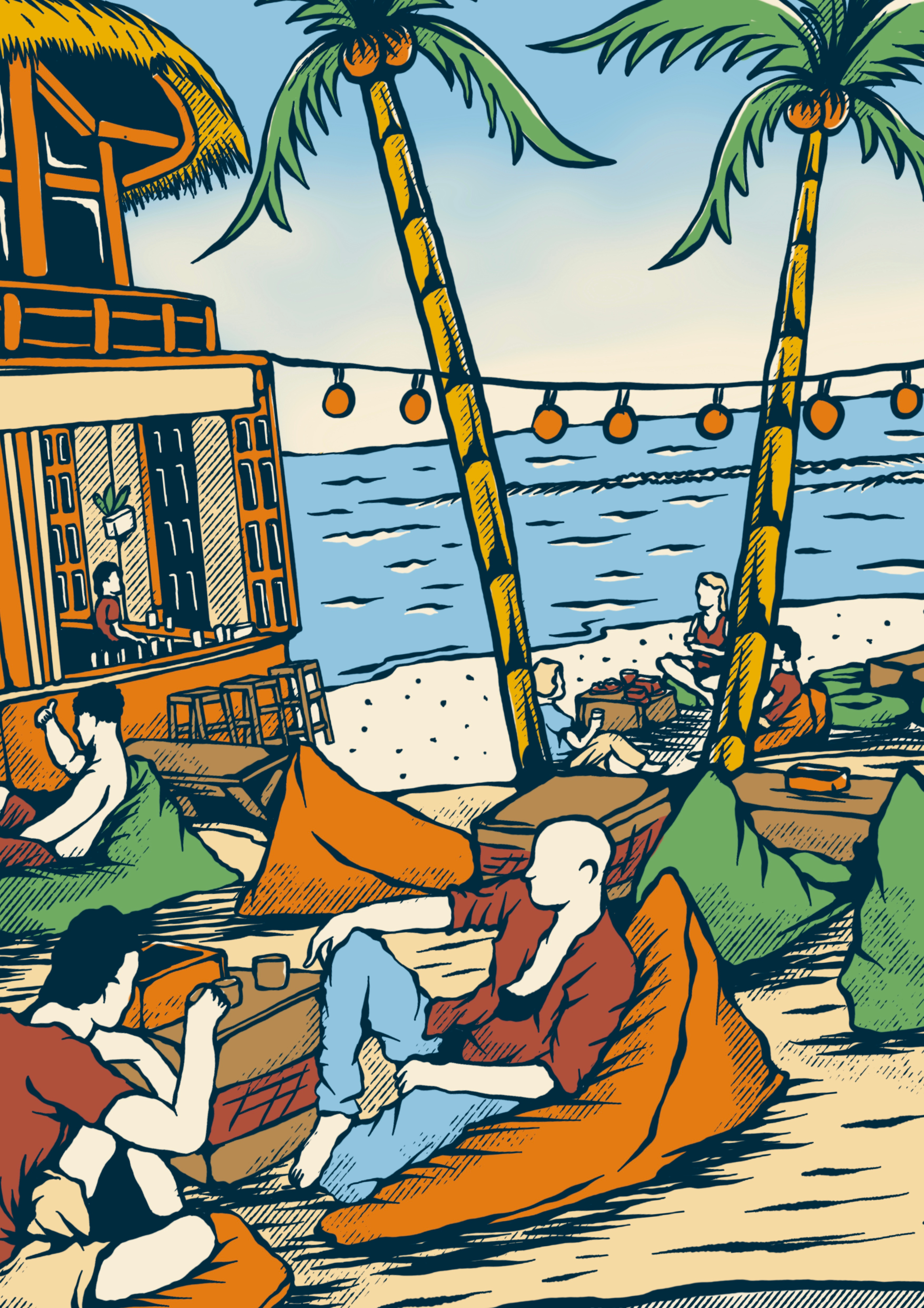 Beach Club apparel badge bar beach branding clothing digital art drawing graphic design handdrawn illustration logo merchandise product design retro vacation vintage