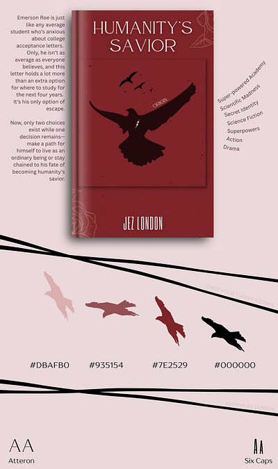 Brand Board: Humanity's Savior (Book by Jez London) bird book book cover brand board branddesign branding clean colorful design e book cover graphic design illustration lightning logo superhero superpowers ui