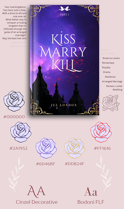 Brand Board: Kiss Marry Kill (Book by Jez London) book cover brand board branddesign branding clean colorful design e book cover fantasy graphic design illustration romance romantasy roses royalty ui