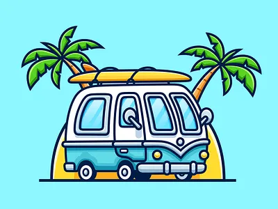 Surf. Sun. Van. Repeat🚐🏄‍♂️🌴 beach branding campervan car coconut tree doodle flat icon illustration island logo minivan summer surf surfing transportation tree van vehicle