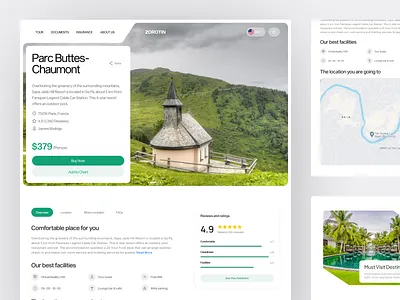 Zorotin - Travel Destination Details Page adventure booking destination details page holiday hotel landing page minimalist pricing review ticket tip travel traveler traveling ui ux vacation villa web design