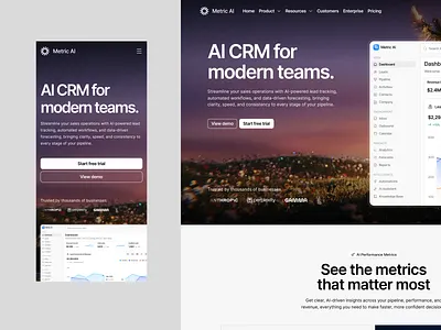 Metric AI — Responsive Landing for Modern AI CRM ai b2b clean crm dashboard data visualization design enterprise gradient landing page minimal modern product responsive saas ui ux web website