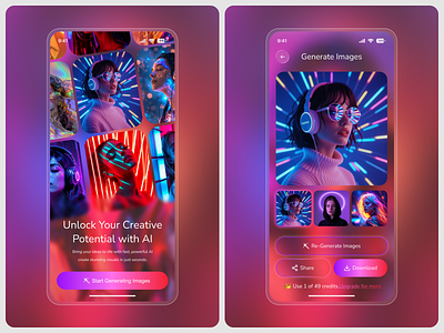 AI Image Generator Mobile App ai app ai image ai image generator ai mobile app aidesign app design appconcept art ai artifical intelegance artificial intelligence futuristicdesign gradientdesign image ai mobile design mobileappdesign modernappdesign neonaesthetic productdesign text to image