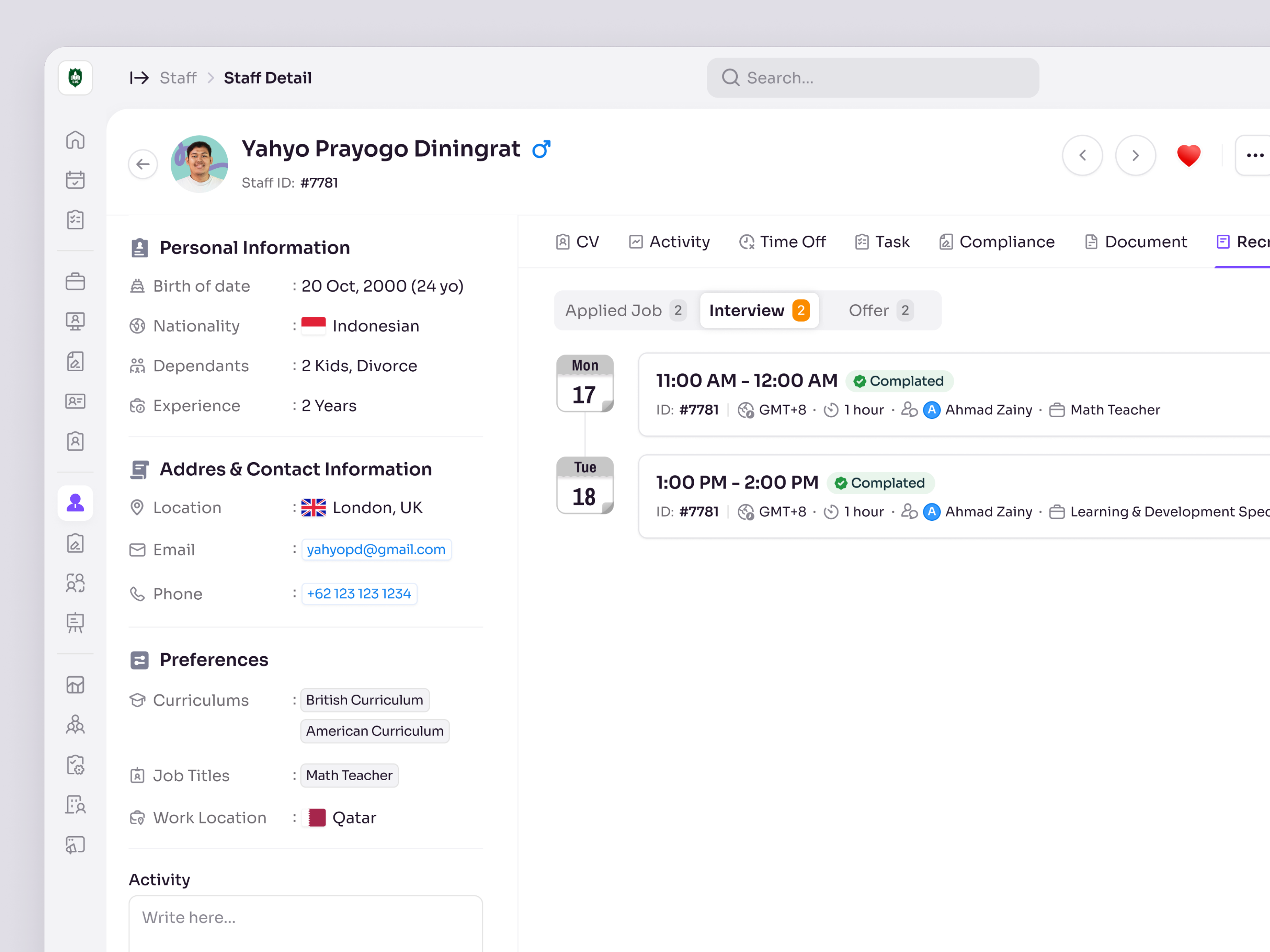 RecruitSmart – Staff Details Recruitment History in School HRM. candidate dashboard education employee hiring hr management hr system hrd hrm hrms job product design saas saas design school management staff ui ux web app web design