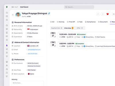 RecruitSmart – Staff Details Recruitment History in School HRM. candidate dashboard education employee hiring hr management hr system hrd hrm hrms job product design saas saas design school management staff ui ux web app web design