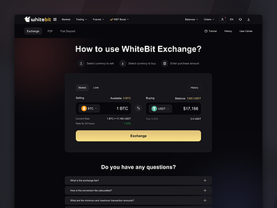 WhiteBit - Cryptocurrency Exchange bitcoin coin convert crypto cryptocurrency dashboard exchange swap tether token ui usdt ux web whitebit