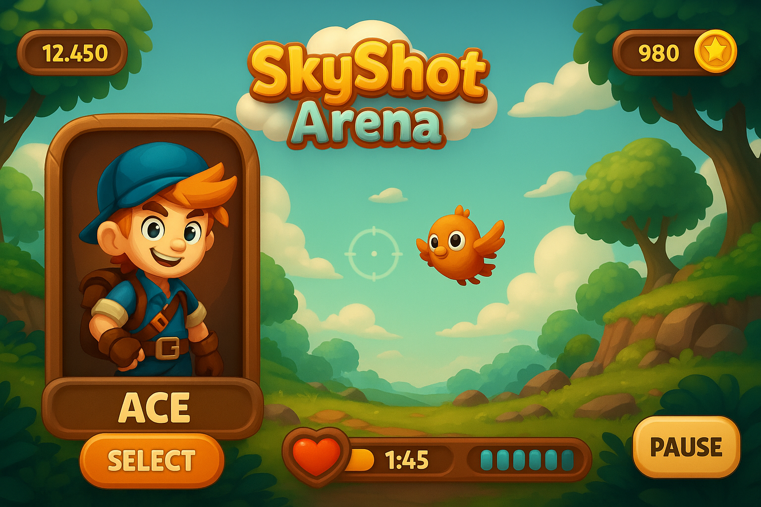 SkyShot Arena Bird Shooting Game UI Design Figma 2d game design action game ui adobe xd app ui bird game character game design figma game design game ui game ux gaming gaming ux design illustration shooting game ui ui design ui ux