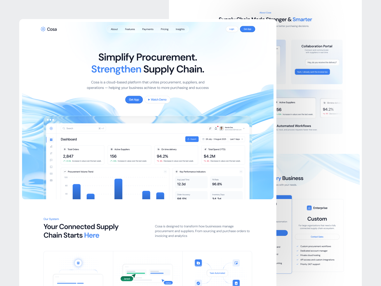 Cosa — Cloud Procurement & Supply Chain Landing Page automation b2b clean clean ui digital supply chain dipa inhouse landing page liquid glass minimal modern saas startup supply chain supply chain management ui uiux web design website