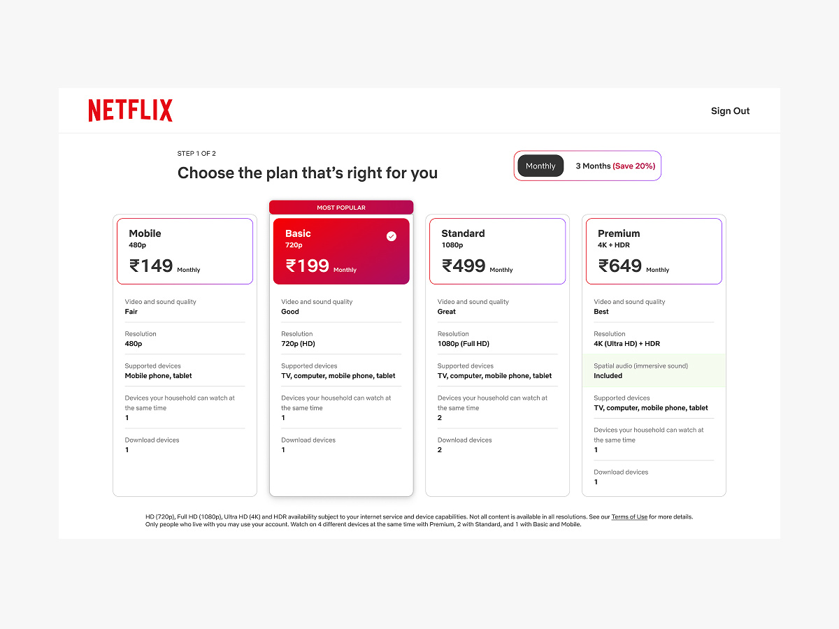 Netflix – Plan Selection & Pricing Screen ui