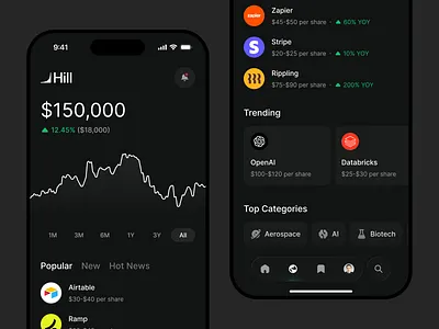 iOS portfolio summary charts clean dark mode dashboard data visualization financial app fintech flat investment portfolio ios design minimal mobile mobileapp saas shadcn shadcnui stock tracking tailwind trading app