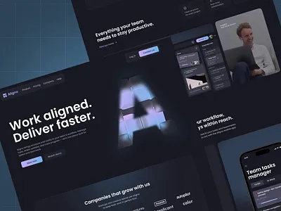 Aligno - Landing Page For Task Manager animation concept dark theme design landing landing page management productivity task manager team ui uiux ux web web design webdesign website