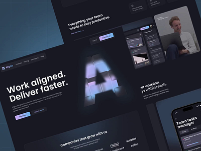 Aligno - Landing Page For Task Manager animation concept dark theme design landing landing page management productivity task manager team ui uiux ux web web design webdesign website