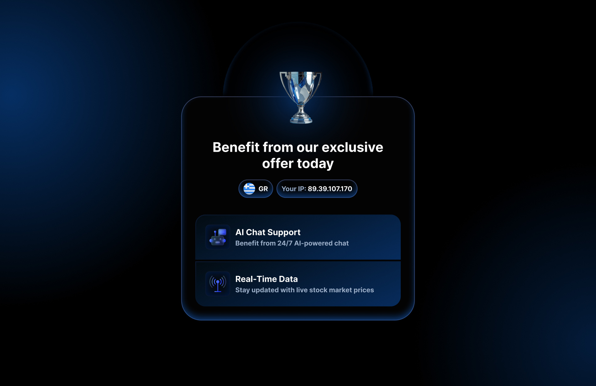 💎 Exclusive Offer Card for a Stock Platform ai benefit blue card champion chatbot country data exclusive gradient hot modal offer platform popup premium silver stock website