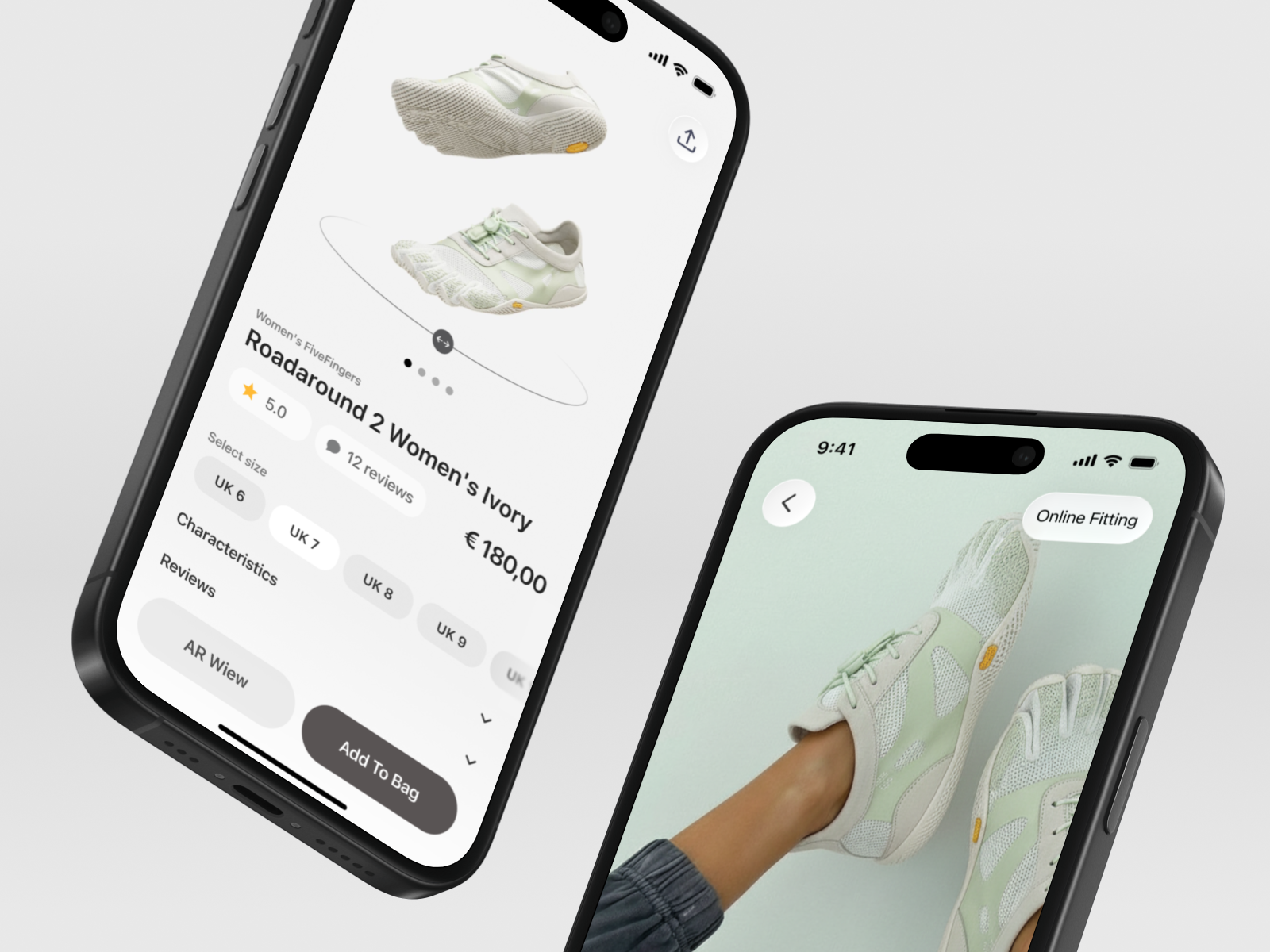 Product Page & Online Fitting – Mobile UI 3d product view app ar view clean design cta button e commerce footwear image slider interface mobile app online fitting price product card product page rating reviews size selector ui ux
