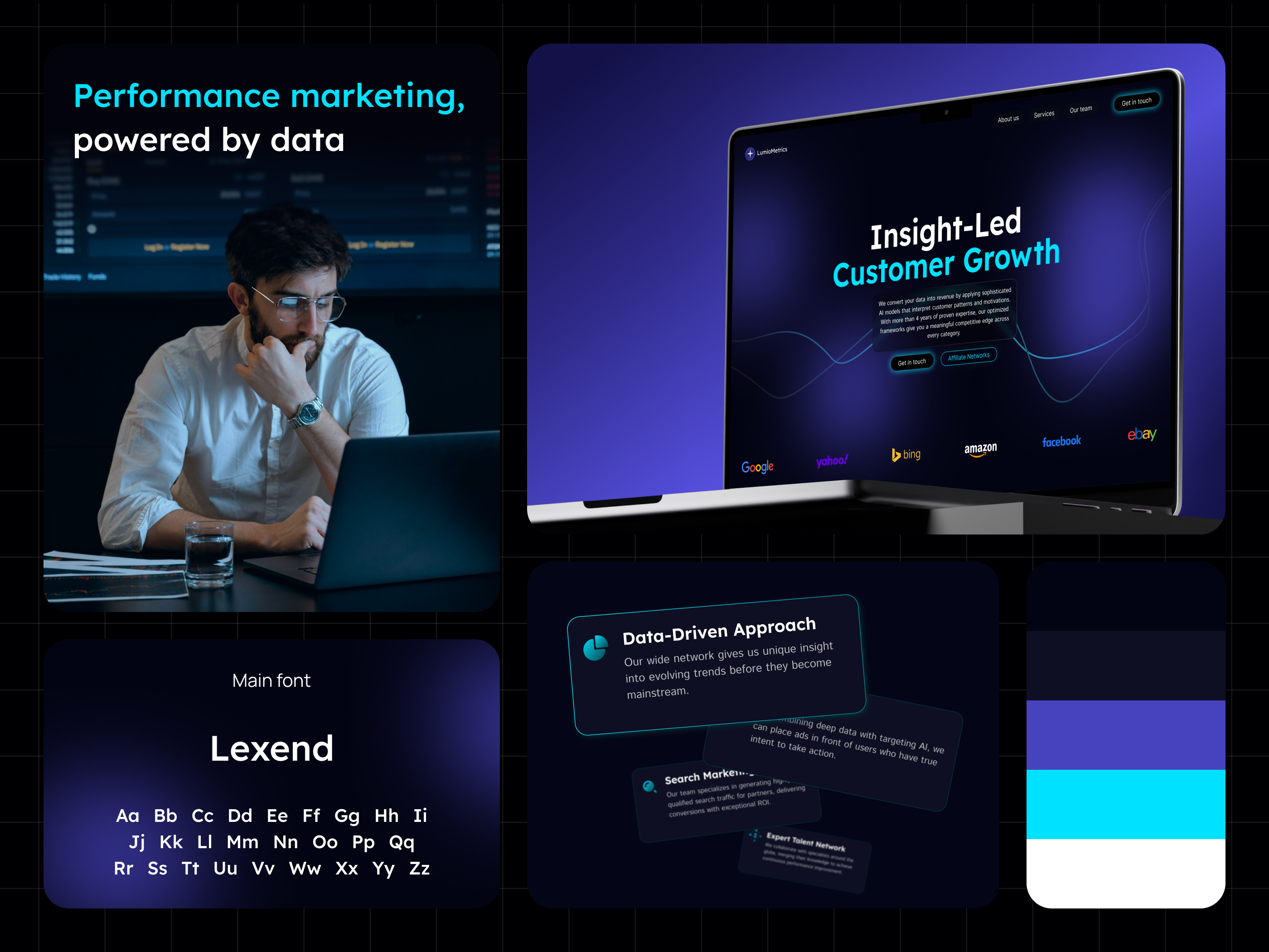 LumioMetrics – Data-Driven Customer Acquisition branding dark theme design illustration landing page logo ui ux web website