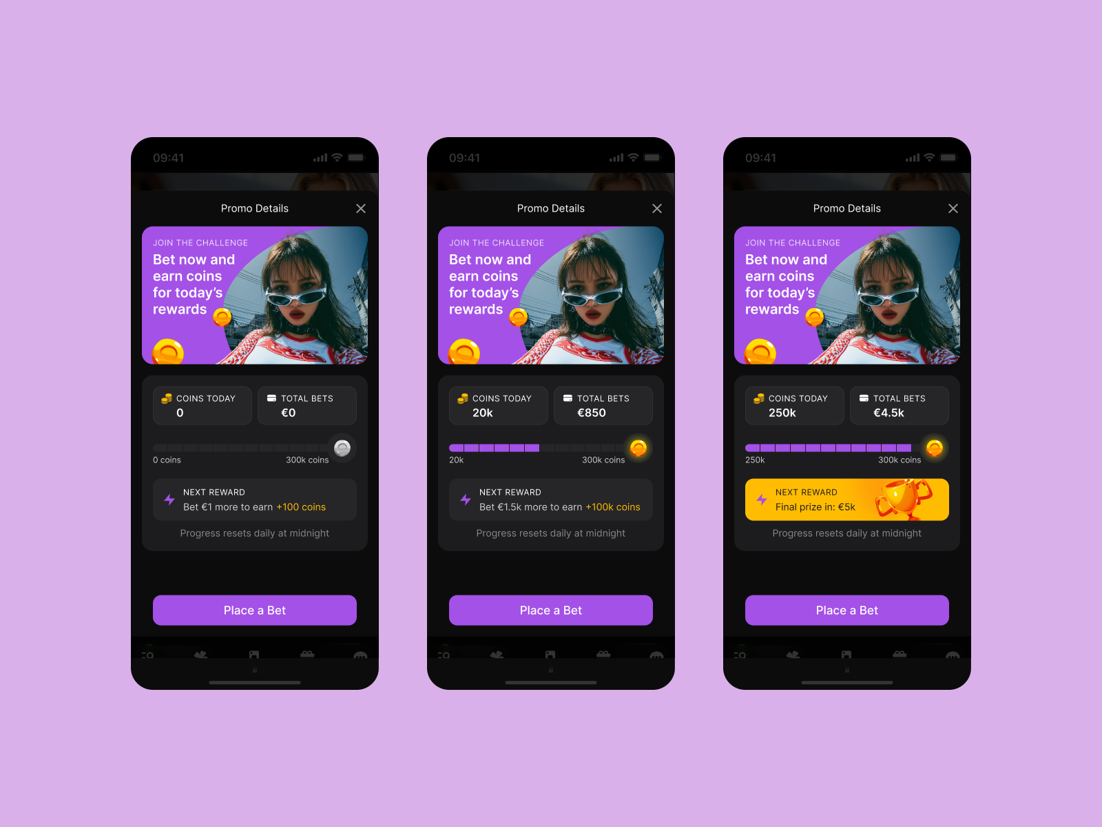 Gamified Progress Tracker for Daily Betting Challenge appui bettingapp darkui gamification mobiledesign progressbar rewardsystem ui uiux design ux