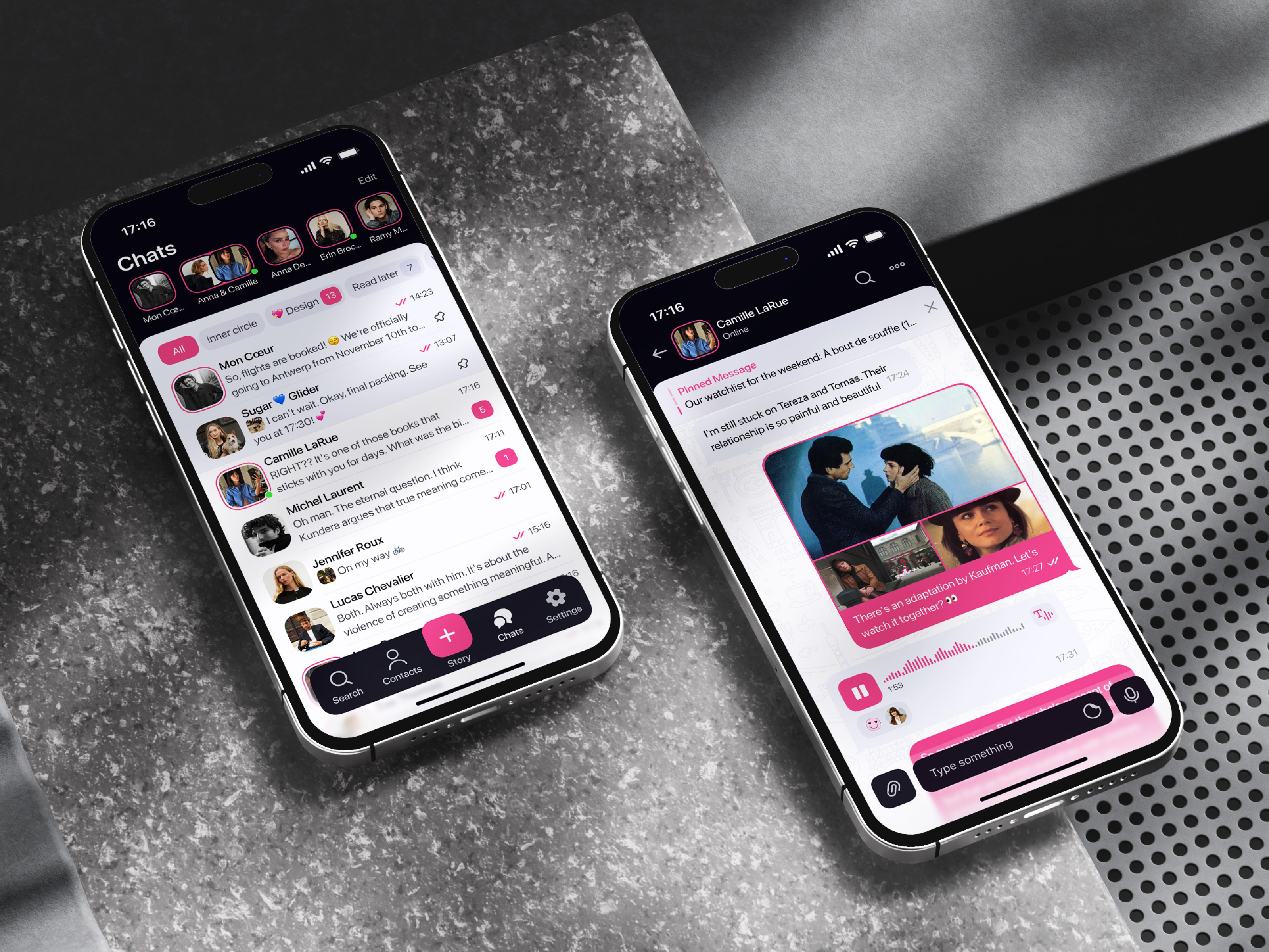 Messaging App app design audio message chat chips contact dialogue list feed input ios message bubbles messenger stories tab bar