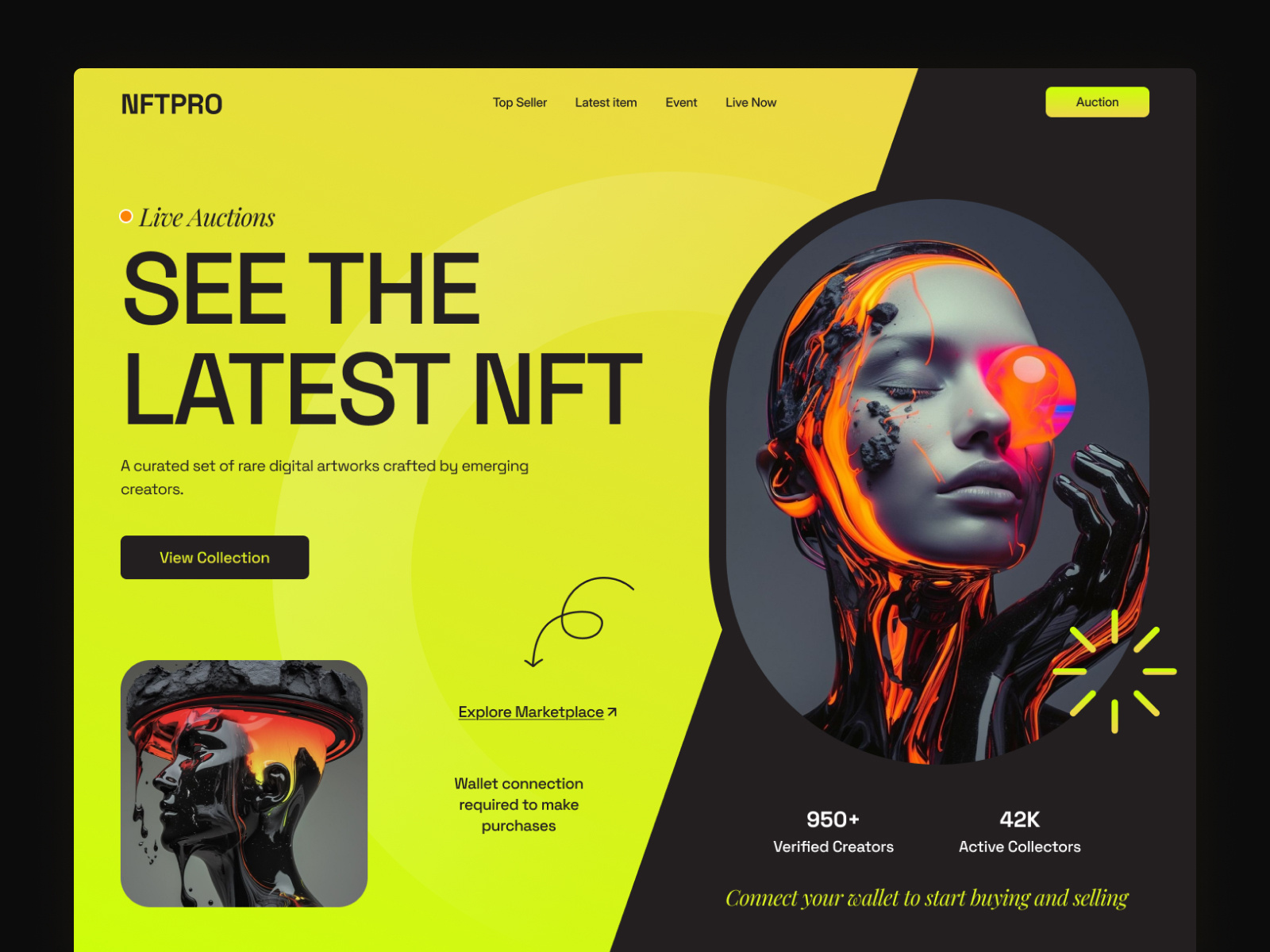 Experience the Next Level of NFT Commerce 2026 design ai ai website aution ecommerce hero section minimal website modern web hero section modern website nft nft commerce nft sell platform nft website techwitpro uiux web3 webflow website wordpress development yellow