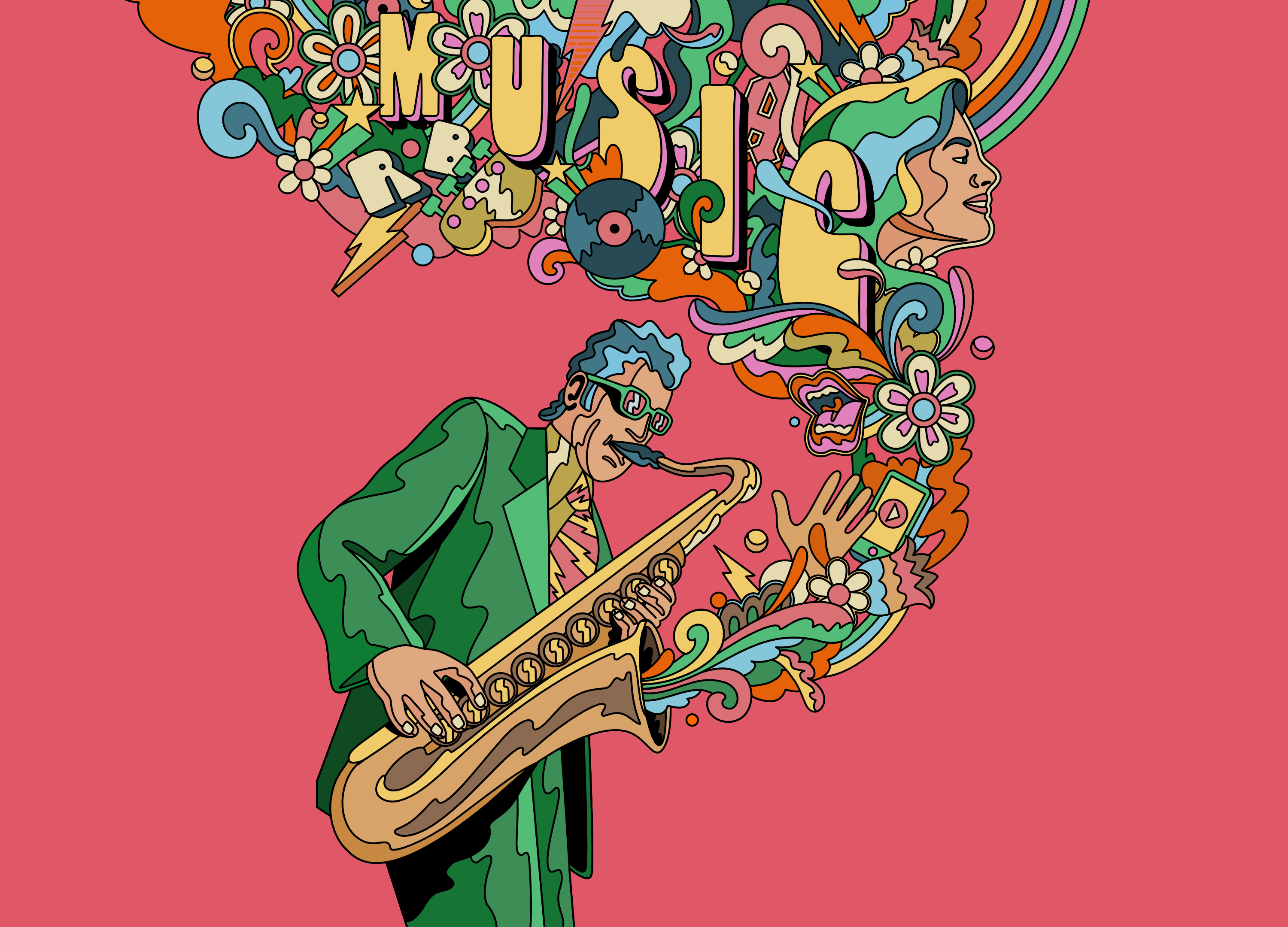 Music art article color colorful design editorial figurative art illustration magazine music music magazine musician page psychedelic retro saxophone surrealism typography vector vintage